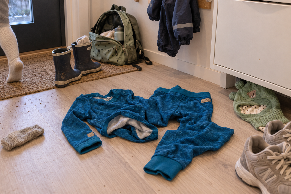 Morgenkaos i gangen: et blått ullsett i ull/bambus fra Need it kastet på gulvet, en ullsokk alene, balaclava under skohylla og et barn i strømpebukse på vei ut av bildet