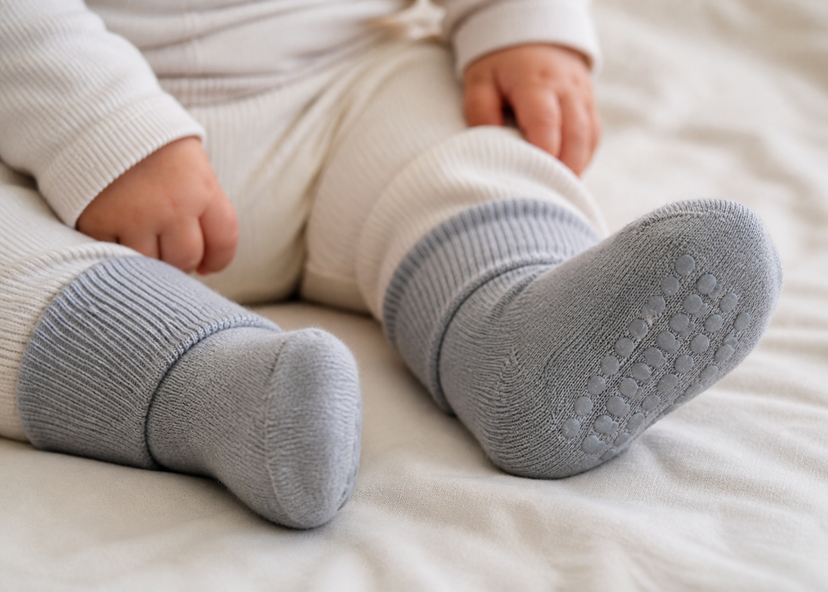Go Baby Go - Antiskli krabbesokker i ull Grey Melange