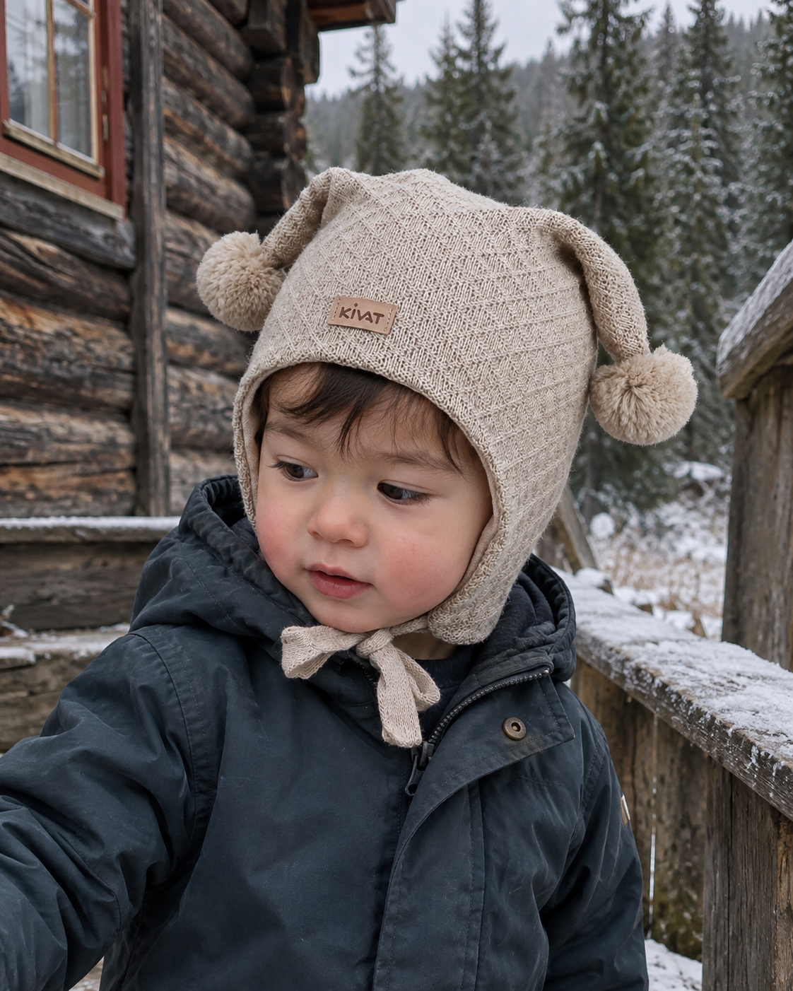 Liten gutt i beige Kivat-knytelue i ull med to pomponger og Kivat-lapp, ute ved en gammel tømmerhytte i frost