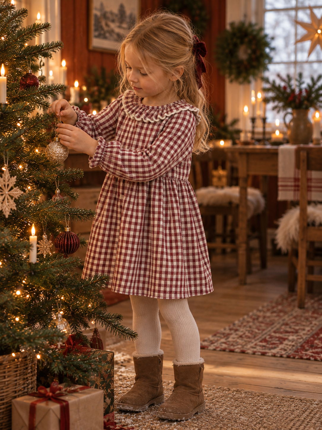Jente i Lil Atelier Froanne rutete kjole henger julepynt på treet