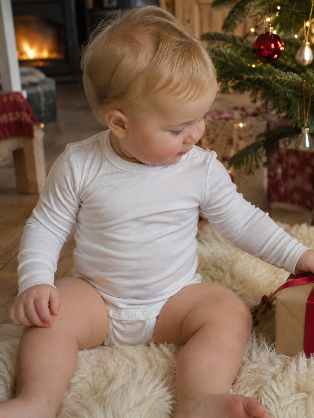Baby i Joha body i hvit bambus sitter på saueskinn ved juletreet