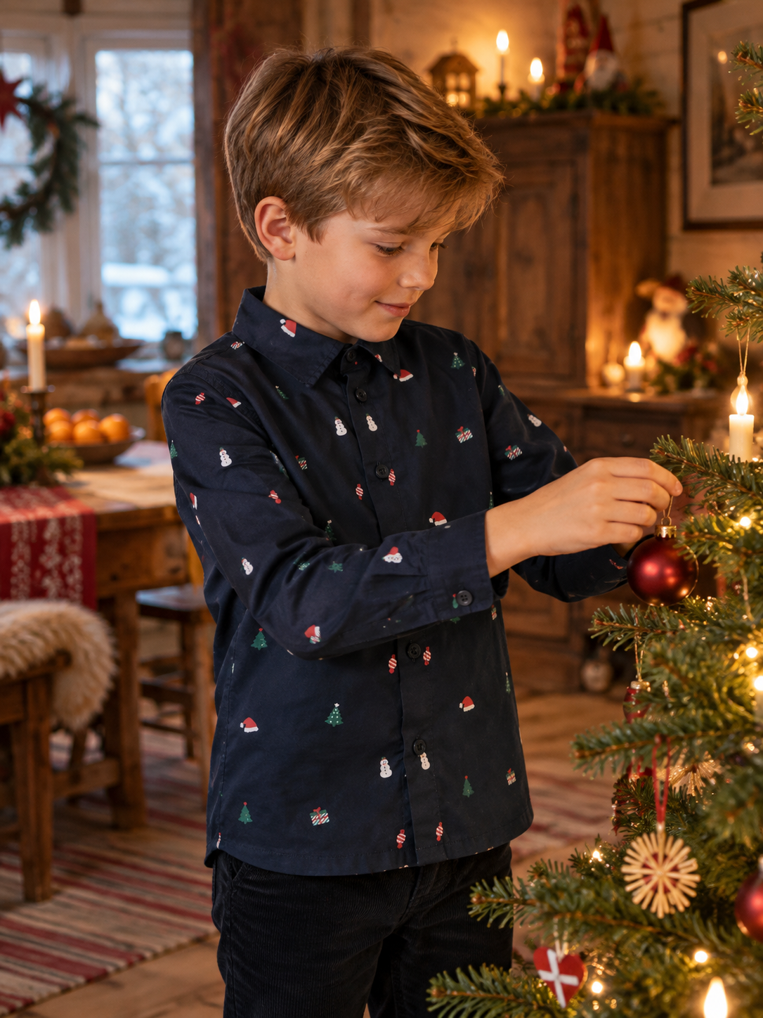 Gutt i Name it Viggo marineblå skjorte med juletrykk henger pynt på juletreet