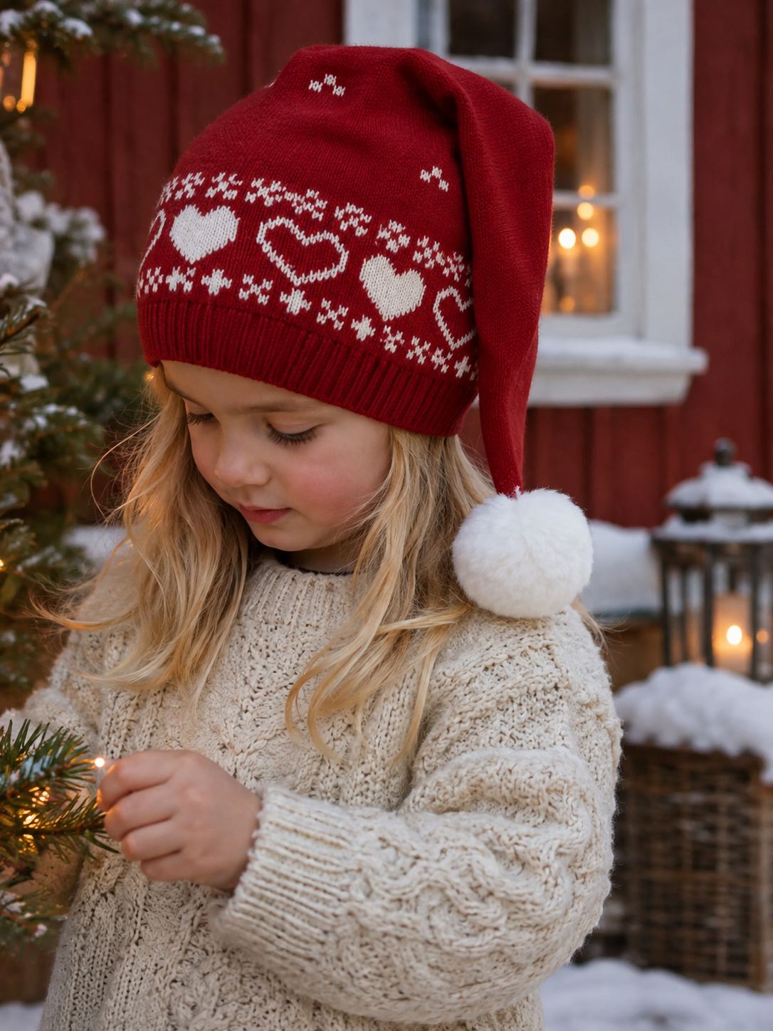 Jente i Name it Rismas nisselue med hjerter foran rødt gårdshus i snøen