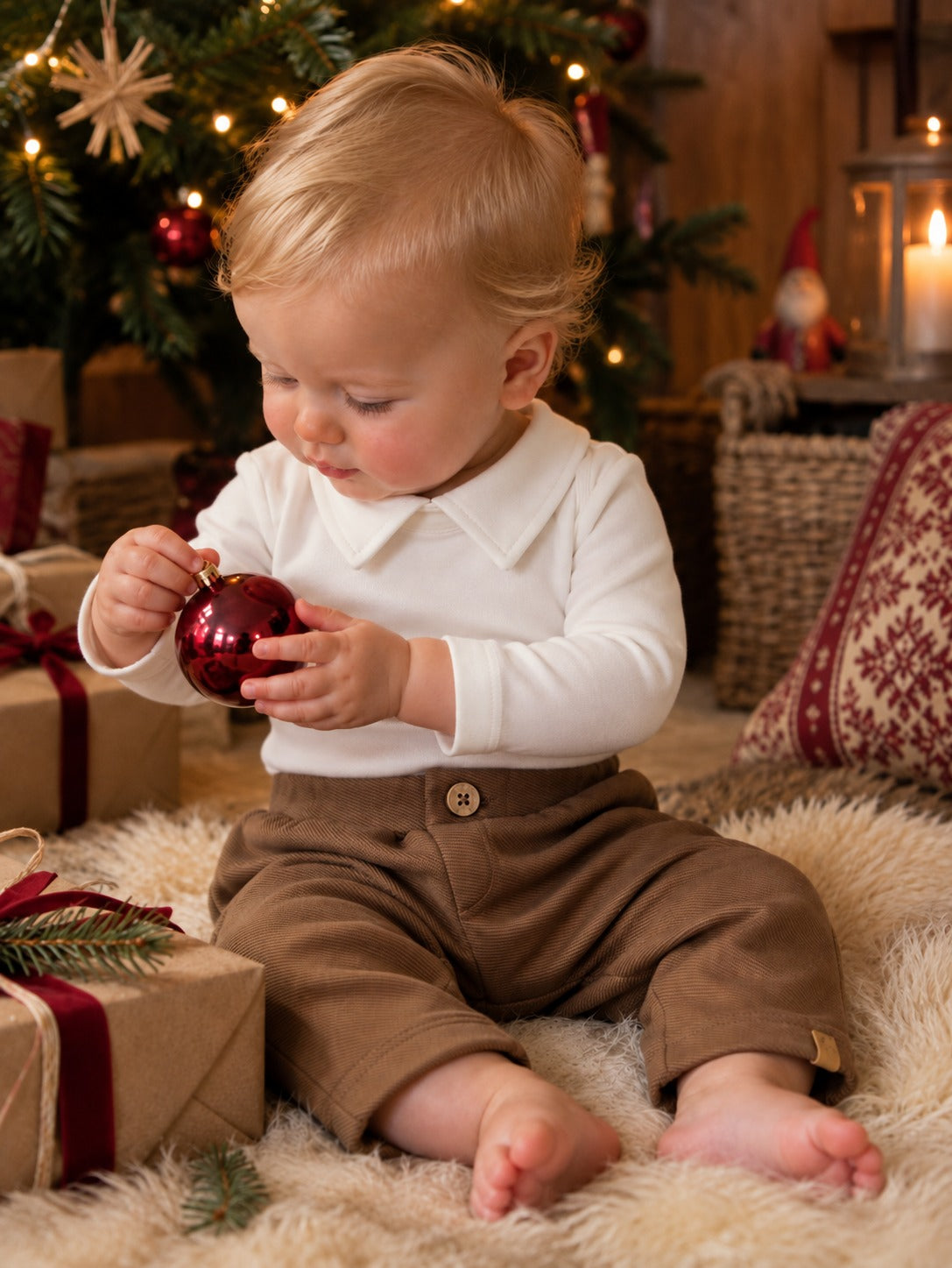 Baby i Lil`Atelier babybukse KALEO i Partridge og FUNDO body med krage, sittende på saueskinn og holder en julekule