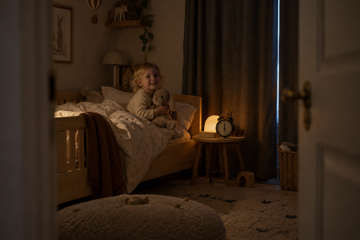 Lys våken toåring i senga klokka fem om morgenen med kosedyr – barnet våkner tidlig når klokka stilles til vintertid