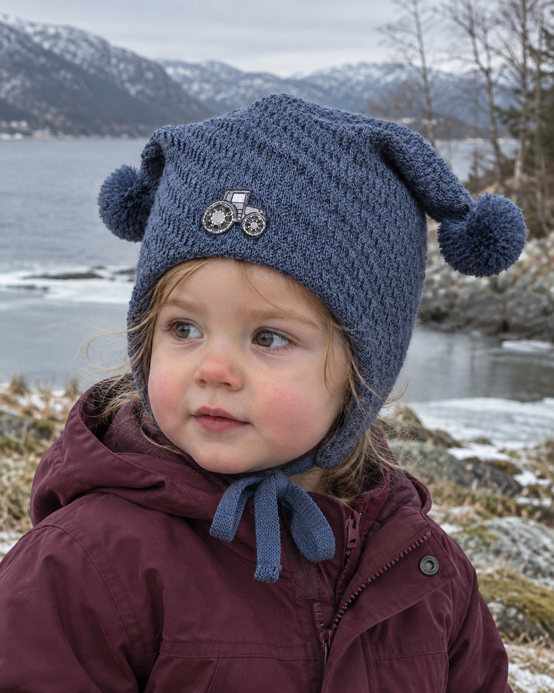 Liten jente i blå Kivat-knytelue i ull med traktor-motiv og to pomponger, ute ved fjorden i frost