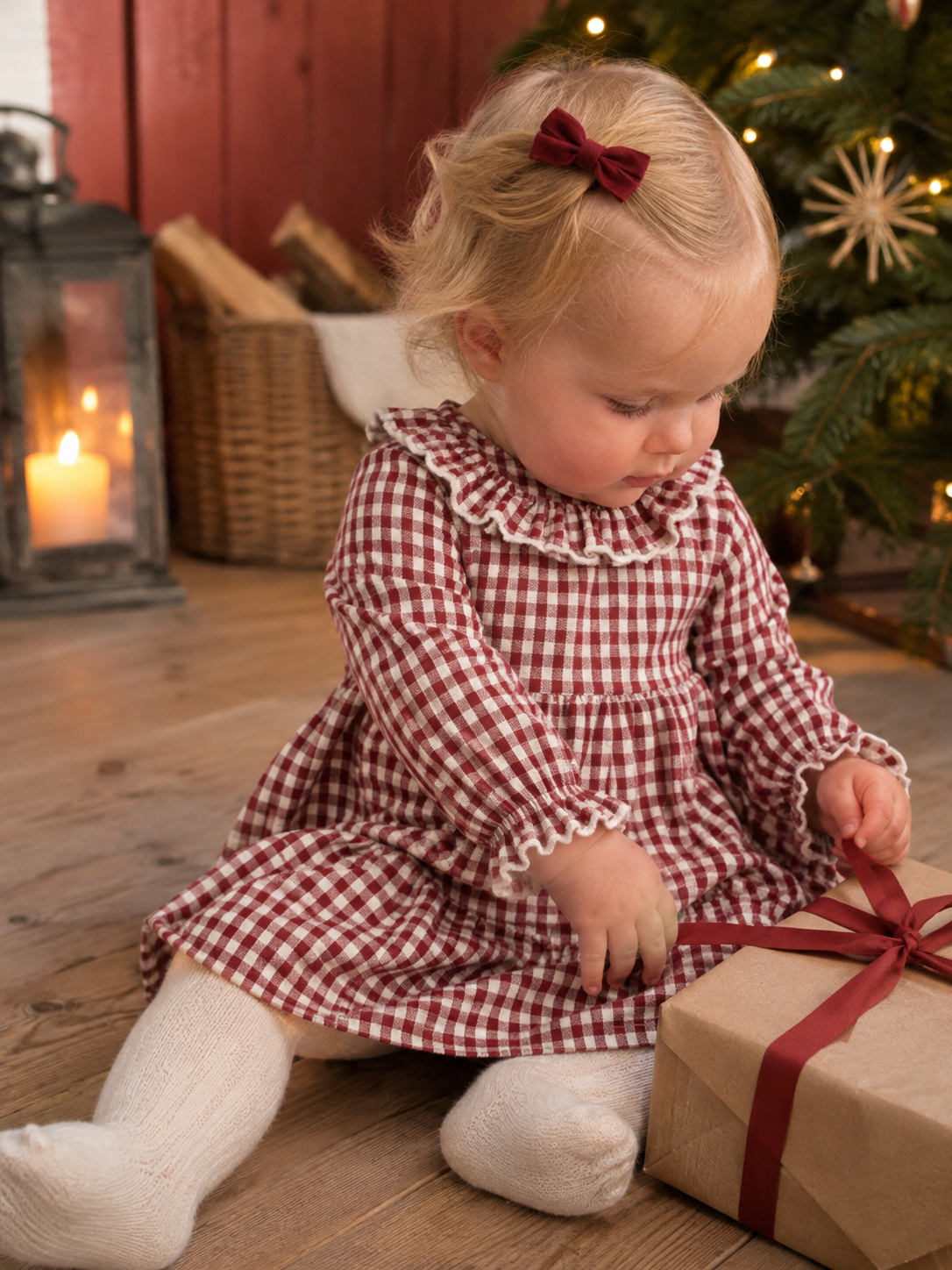 Babyjente i Lil Atelier Froanne rutete bodykjole med blondekrage ved juletreet