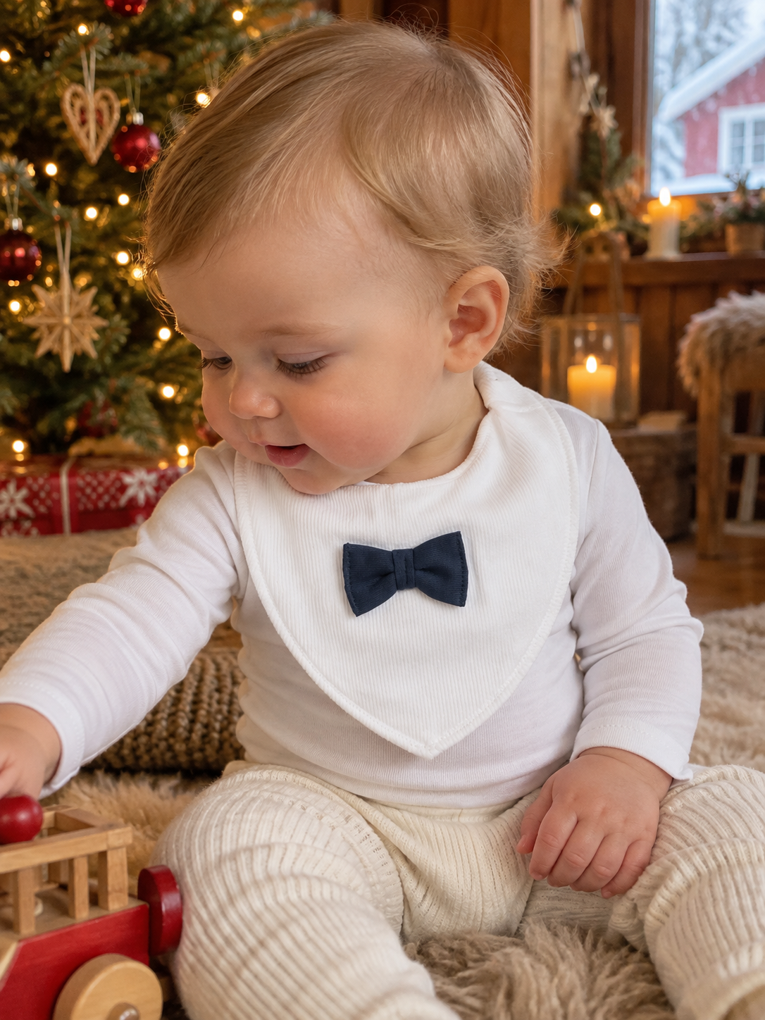 Baby med Name it Kab hakesmekke med sløyfe ved juletreet