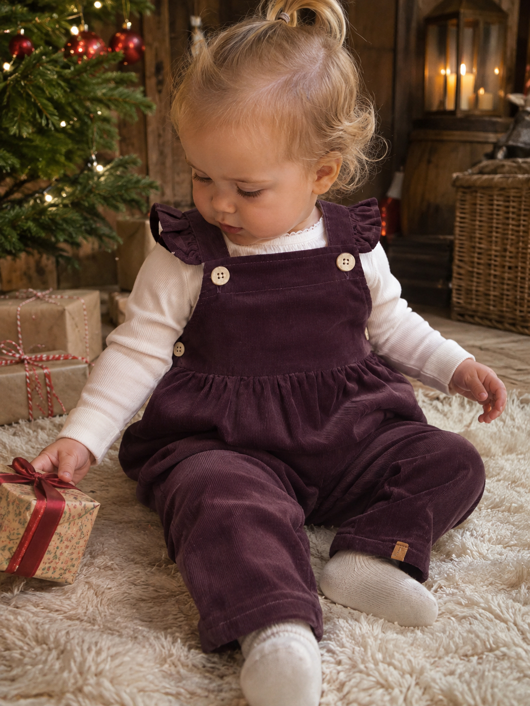 Baby i plommefarget Lil Atelier Somba cordoverall ved juletreet
