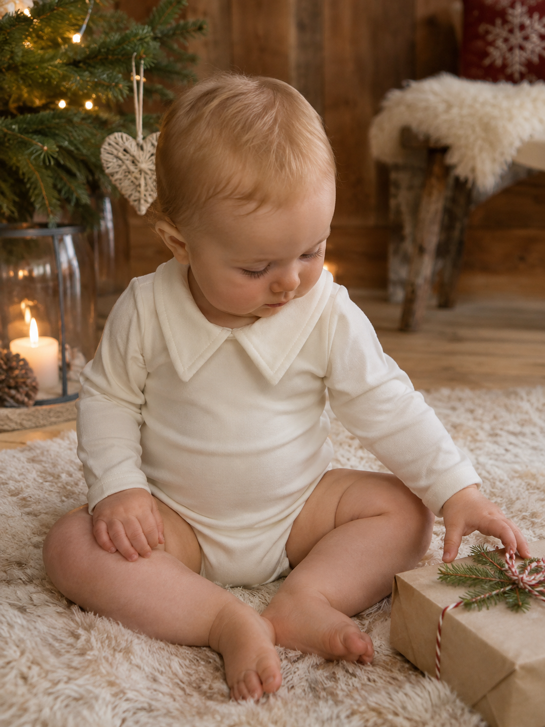 Baby i kremhvit Lil Atelier Fundo body med krage ved juletreet
