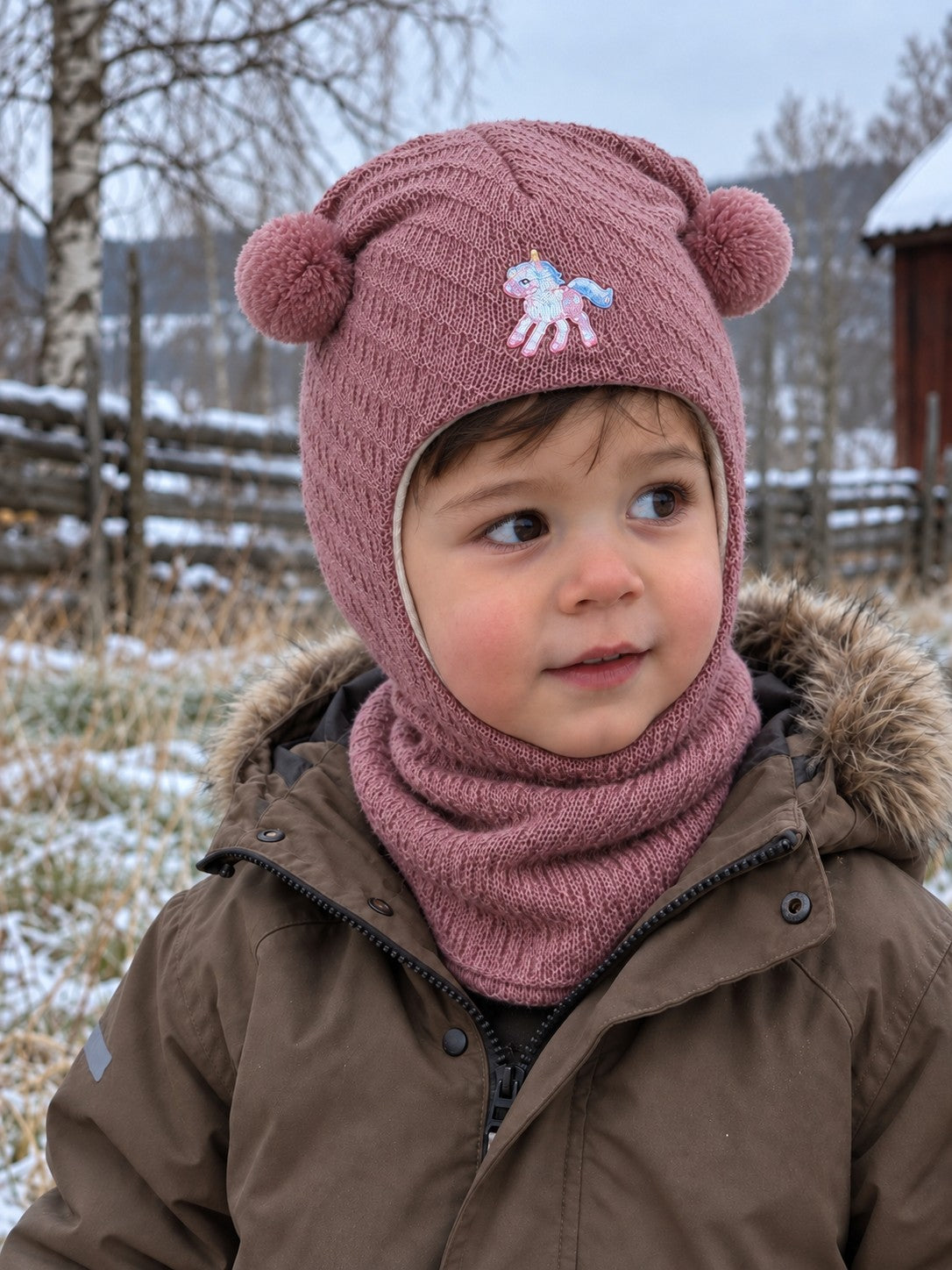 Lite barn i støvrosa Kivat-balaclava i ull med enhjørning og to pomponger som henger litt ned på sidene, ute en kald vinterdag