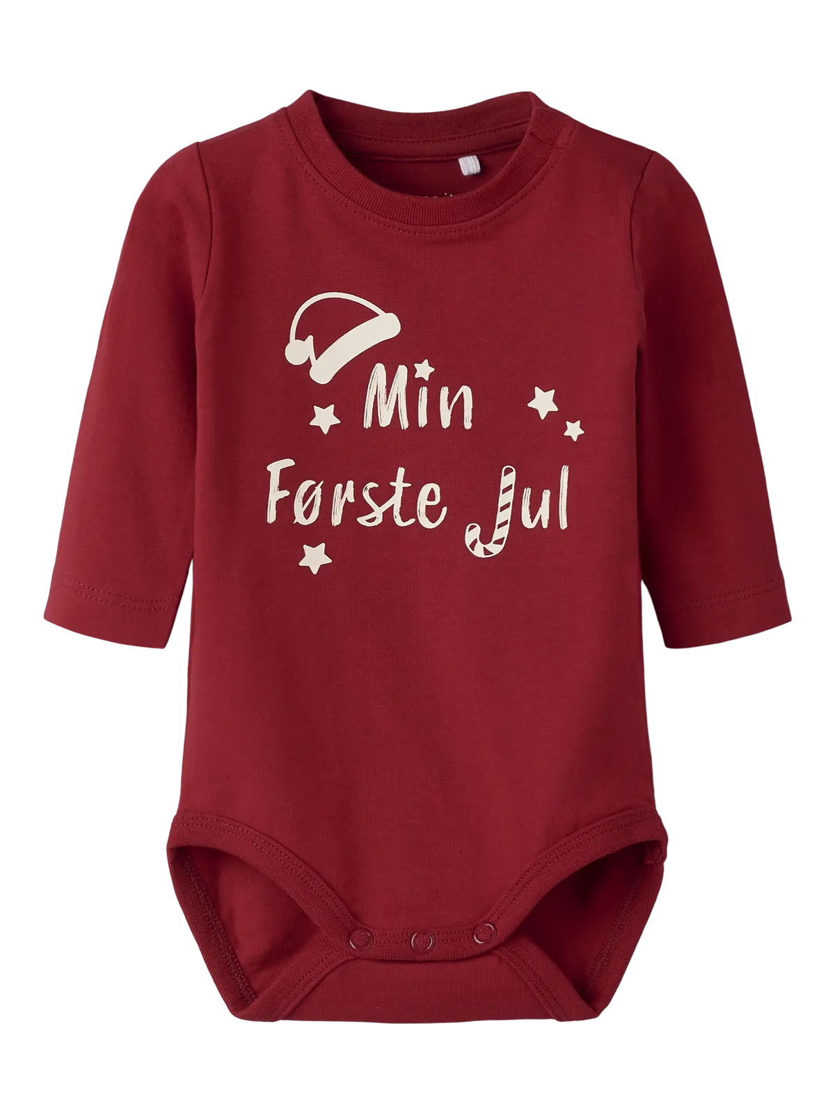 Name it body RAJUL Red Dahlia med trykket Min Første Jul, sett forfra